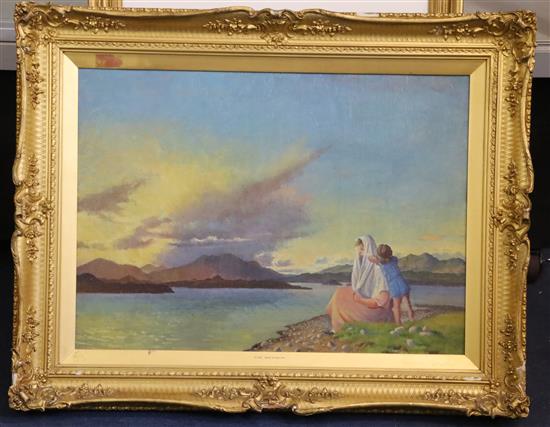 § Sine MacKinnon (1901-1997) Evening sun, mother and child on the shore 15.25 x 21.25in.